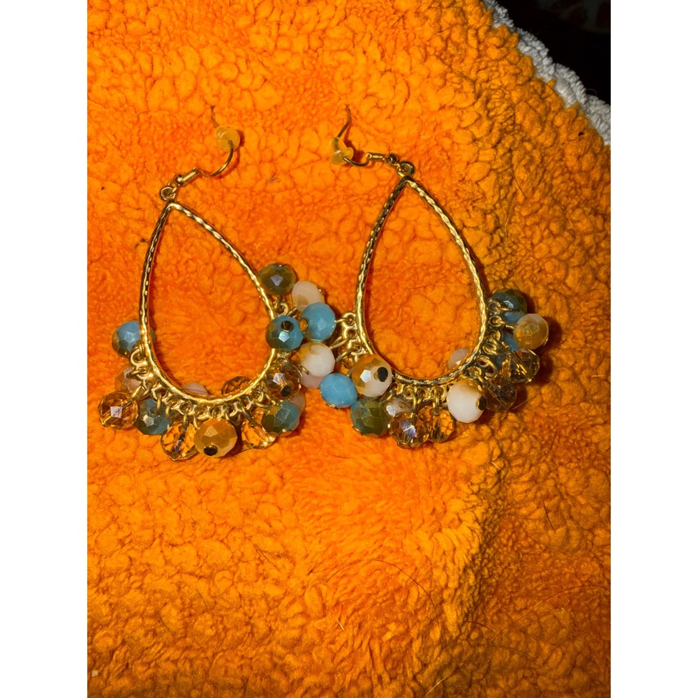 Gold Teardrop Hoop Earrings Blue Amber White Beaded Cluster Boho Dangle Hooks